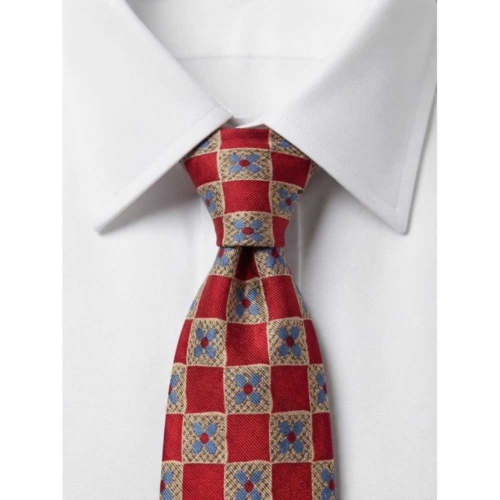 Ermenegildo Zegna Silk Tie Red Gold Blue Floral Geometric Check 4x59 Italy - CJ